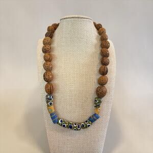 Boho Tribal Statement Necklace Walnut Beads Blue Ceramic Festival Artwear